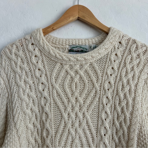 Aran Crafts Sweater Women XL Chunky Cable Knit Merino Wool Pockets Natural White - Picture 3 of 8